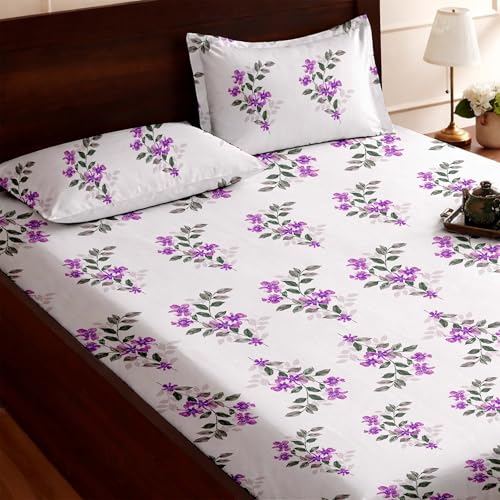 Image of Raymond Bedsheet 100% Cotton Feel Bedsheets 200 TC for Double Bed King Size (108 x108 Inch) with 2 Large Size Pillow Covers | Soft & Breathable | Wrinkle-Free | Premium Printed Design Purple