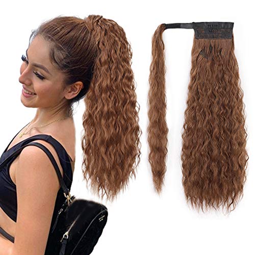 Stamped Glorious Long Corn Wave Ponytail Extension Magic Paste Heat Resistant Wavy Synthetic Wrap Around Ponytail Black Hairpiece for Women (22inch, 30#)