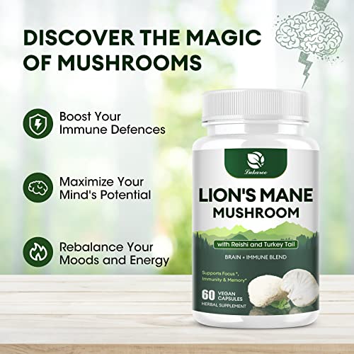 Lukaree Lions Mane Supplement Capsules - Turkey Tail with Cordyceps & Reishi for Brain Support and Immune Health - Alt to Mushroom Gummies, Powder & Coffee - 60 Count Made in USA - Image 4