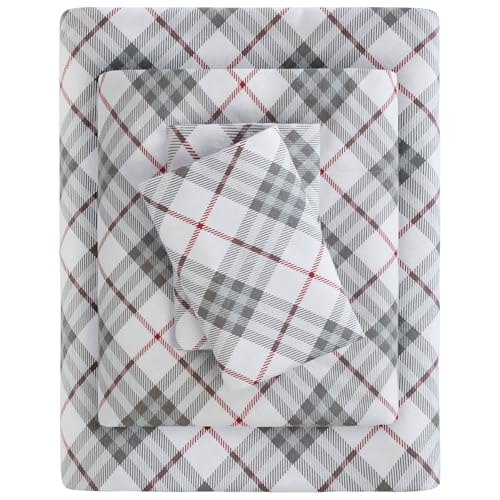 True North by Sleep Philosophy Cozy Flannel Warm 100% Cotton Sheet - Novelty Print Animals Stars Cute Ultra Soft Cold Weather Bedding Set, Cal King, Red Plaid 4 Piece