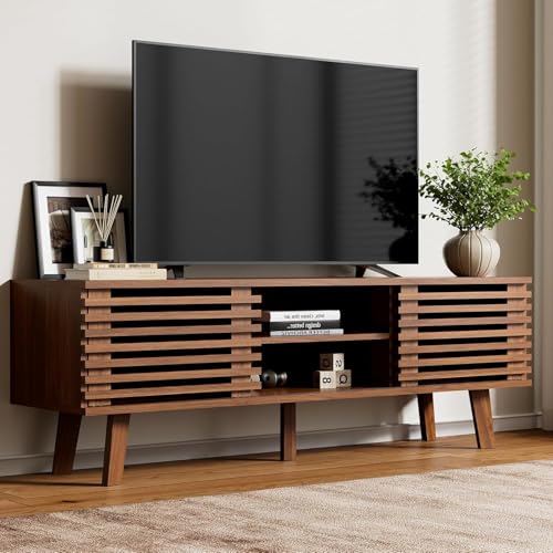 Image of Furniway Mid Century Living Room Table Set of 4, Coffee Table, TV Stand and 2 End Tables with Sliding Door Storage, Walnut