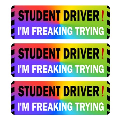 Image of 3 Pack Student Driver Magnet for Car, Magnetic Student Driver Sign for Vehicle, Reflective Warning Bumper Sticker Magnet Sign for New Driver, 10 inch x 4 inch (Rainbow-BlackWhite)