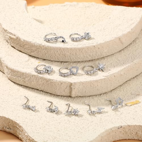 10 Pcs Dangle Nose Ring Hoop 20g Cz Nose Rings with Charm L Shaped Dangling Noses Stud Indian Piercing Jewelry For Women3