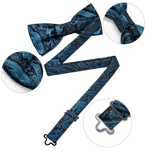 Set de corbata de moño, pañuelo y gemelos paisley azul miniatura 5