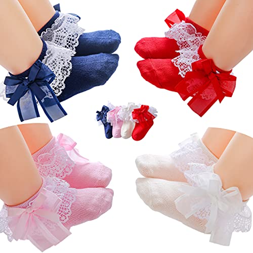 Baby Lace Socks Baby Girl Bow Lace Princess Socks Dress Socks for Newborn Infant and Toddlers Gift Set 4 Pairs (0-6 Months)