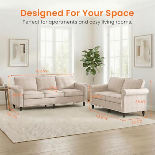 Image of ijuicy 2 PCS Sectional Sofa Set Loveseat + 3 Seat Sofa-Beige | Modern linen upholstered couch furniture with 5 inch thick cushions and nailhead trim, ideal for living rooms, homes