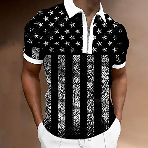 Mens American Flag Polo Shirts With Zipper V Neck Short Sleeve Print 4Th Of July Patriotic Shirt Workout Golf Tennis Shirt #TOP1