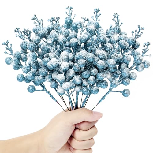 Pack of 16 Christmas Glitter Berries Stems, 8inch Artificial Snowy Berry Picks Sparkle Holly Berry Branches for DIY Crafts Wreath Making Supplies Xmas Tree Decor New Year Holiday Home Decor (Sky Blue)