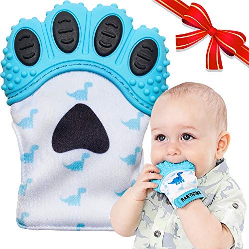 Image of BabyNoms ® Teething Mitten | The Original Teething Paw | Safe Silicone Teething Toy or Teething Ring Provides Self-Soothing Teething Relief | Dino Blue Teether