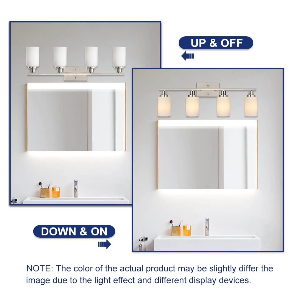 TODOLUZ Modern Bathroom Vanity Light with Opal White Glass, 4-Lights Brushed Nickel Vanity Lighting Fixtures Over Mirror Table (Exclude Bulb)