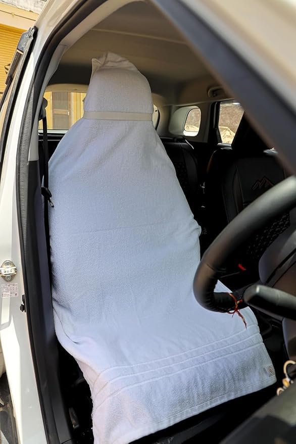 Image of Car Seat Cover, Towel Fabric, Elastic Fitting, Front Seat, Universal Fit for All Models, Pack of 2 (White)