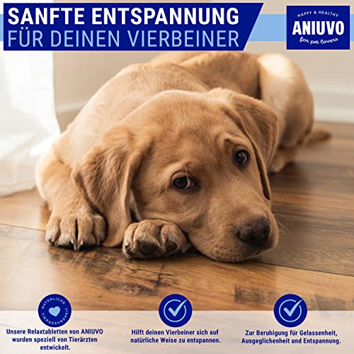 ANIUVO® Relaxtabletten [90 Stück] Natürliches Beruhigungsmittel für Hunde mit Baldrian, Hanfpulver, Taigawurzel & Magnesiumgluconat - Hunde Beruhigungsmittel gegen Stress & Angst - Made in Germany