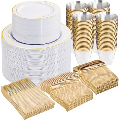 WELLIFE 300Pcs Gold Dinnerware Set for 50 Guests, Gold Rim Plastic Plates Disposable, 50 Dinner and 50 Salad Plates, 50 Cups, 50 Silverware Set for Party