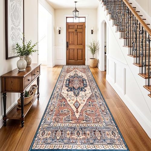 Whnoorher Tappeto da corridoio Vintage Rosso e Blu, Tappeto da corridoio Stretto Extra Lungo per corridoi Interni, Scale, Ingresso Cucina, Ingresso, Tappetino Morbido Lavabile.(60×400cm)