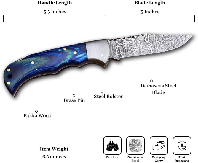 Miniatura 3 de EDC DAMASCUS Navaja de bolsillo hecha a mano de 6.5 pulgadas con bloqueo trasero plegable pequeño para exteriores, camping, senderismo, hecho de