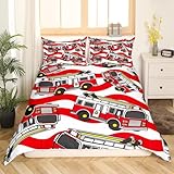 Picture of Fire Truck Bedding Set Kids Cartoon Car Comforter Cover Set for Boys Firefighter Duvet Cover Breathable Firemen Car Vehicle Fire Engine Red Lines Bedspread Cover Room Decor Quilt Cover Twin Size