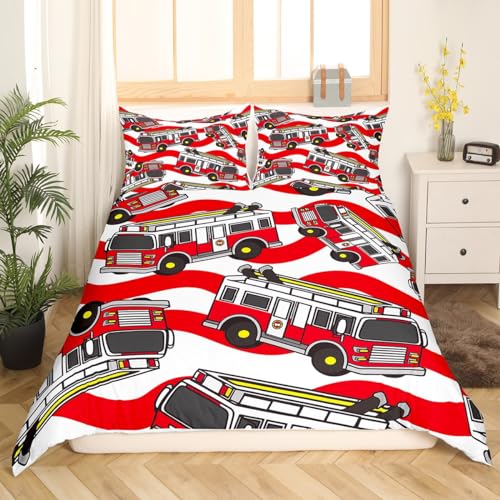 Fire Truck Bedding Set Kids Cartoon Car Comforter Cover Set for Boys Firefighter Duvet Cover Breathable Firemen Car Vehicle Fire Engine Red Lines Bedspread Cover Room Decor Quilt Cover Queen Size