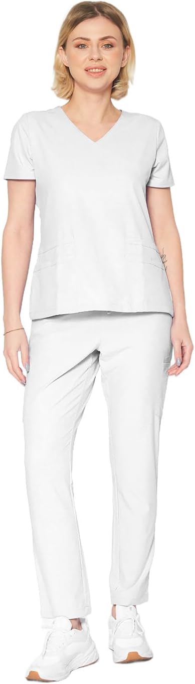 Dagacci Medical Uniform Women's Fitted Y Neck Natural Scrub Set