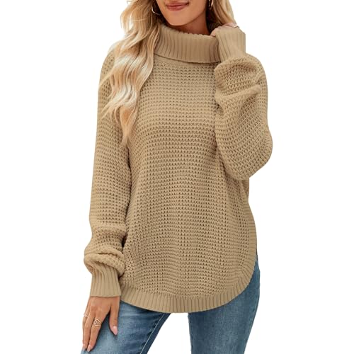 QIANSIQIANBO Pullover Damen Mit Grobem Strickmuster Rollkragen Geripptem Strick Lockerem Lässigem Schnitt Langen Ärmeln Und Schlitz Am Ausschnitt...