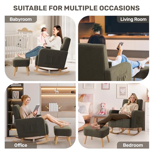 Image of Rocking Nursing Chair with Ottoman, Upholstered Glider Rocker Armchair with High Backrest and Side Pocket, Comfy Reading Chair with Solid Wood Legs for Nursery, Living Room,Bedroom, Green