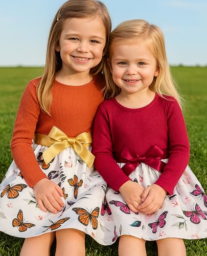 Girls Long Sleeve Butterfly Print Dresses with Tie Belt for Princess Brithday Party 4-8 Years(Red+Brown)2