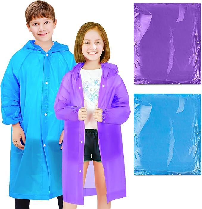 Image of BFONS 2-3 Pack Rain Ponchos for Kids, Reusable Raincoats for Boys Girls with Hood and Sleeves, Waterproof Rain Jackets
