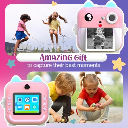 كاميرا طباعة فورية للأطفال من كيدززون، دقة 1080 بيسكل HD عالية الدقة، 48 ميجابكسل، بطاقة ذاكرة 32 جيجابايت،بلوتوث، تطبيق مجاني،4 لفات ورق طباعة، ملصقات، فلاتر مرحة، للأولاد والبنات 3 إلى 12 سنة، وردي