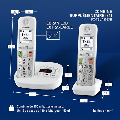 Panasonic KX-TGU432EXW Téléphone Numérique sans Fil avec Répondeur, Unité de Base et 2 Combinés, Écran LCD, Appels Favori, Lampe Torche, Compatible avec Les Appareils Auditifs, Blanc et Argent