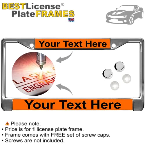 Image of Custom Personalized Chrome-Plated Metal Laser Engraved Standard Size - Car /Automobile License Plate Frame with Free caps - Orange /Black Text (Qty: 1 Frame)