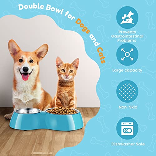 Flexzion Double Dog Bowl - Double Stainless Steel Food And Water Bowls For Dogs And Cats - Raised Puppy Food And Water Bowls - Non-Slip Pet Bowl For Dog And Cat, Blue #TOP4
