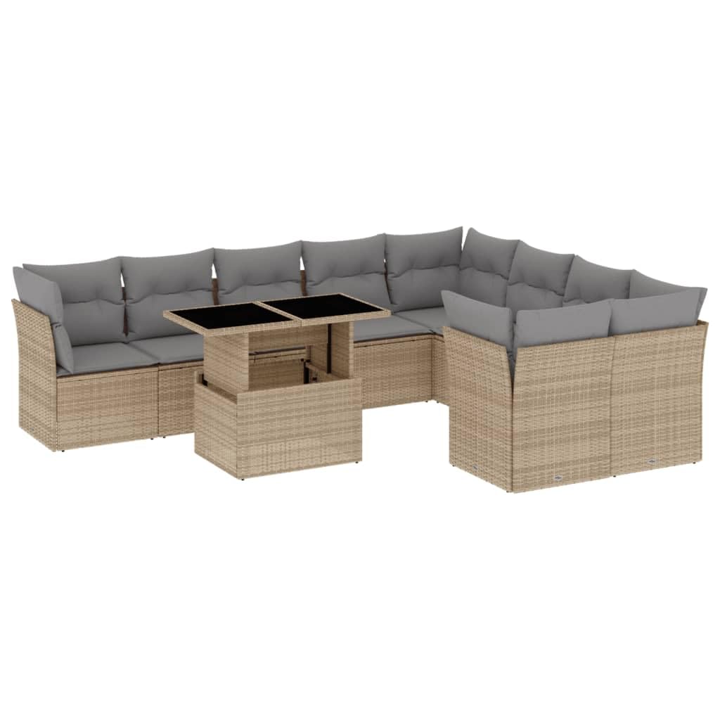 Set Divano da Giardino 10 pz con Cuscini Beige in Polyrattan,Set di Conversazione per Patio,Set Salotto da Esterno,Set Divano da Giardino Esterno-3266839