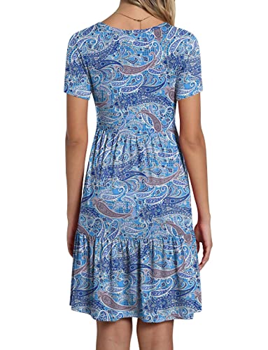 Taohuadao Women's 2023 Summer Casual Tshirt Dresses Short Sleeve Ruffle Swing Dress With Pockets Medium, Fl Cashew Cyan-Blue #TOP2