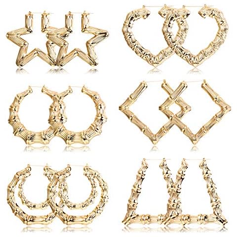 HANPABUM Bamboo Hoop Earrings for Women Gold Bamboo Heart Hoop Earrings 90s Large Geometric Door Knocker Earrings Hip-Pop Fashion Rapper Jewelry, 3-6Pairs Cover