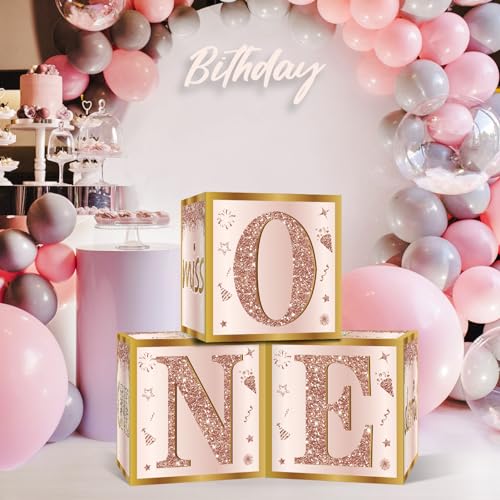 Image of Guiruiy 3Pcs 1st Birthday Boxes Decorations for Girls - Pink Rose Gold Miss Onederful Boxes, One Year Old Girl Birthday Theme Cardboard Balloon Box Decor
