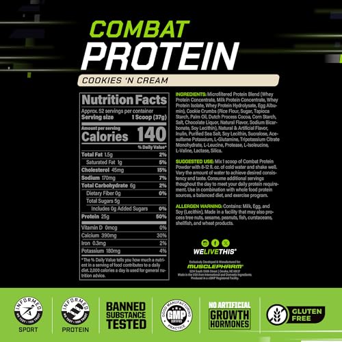 Image of MusclePharm Combat Protein Powder, Cookies 'N' Cream Flavor, Fuels Muscles for Productive Workouts, 5 Protein Sources including Whey Protein Isolate & Egg Albumin, Gluten Free, 4 lb, 52 Servings
