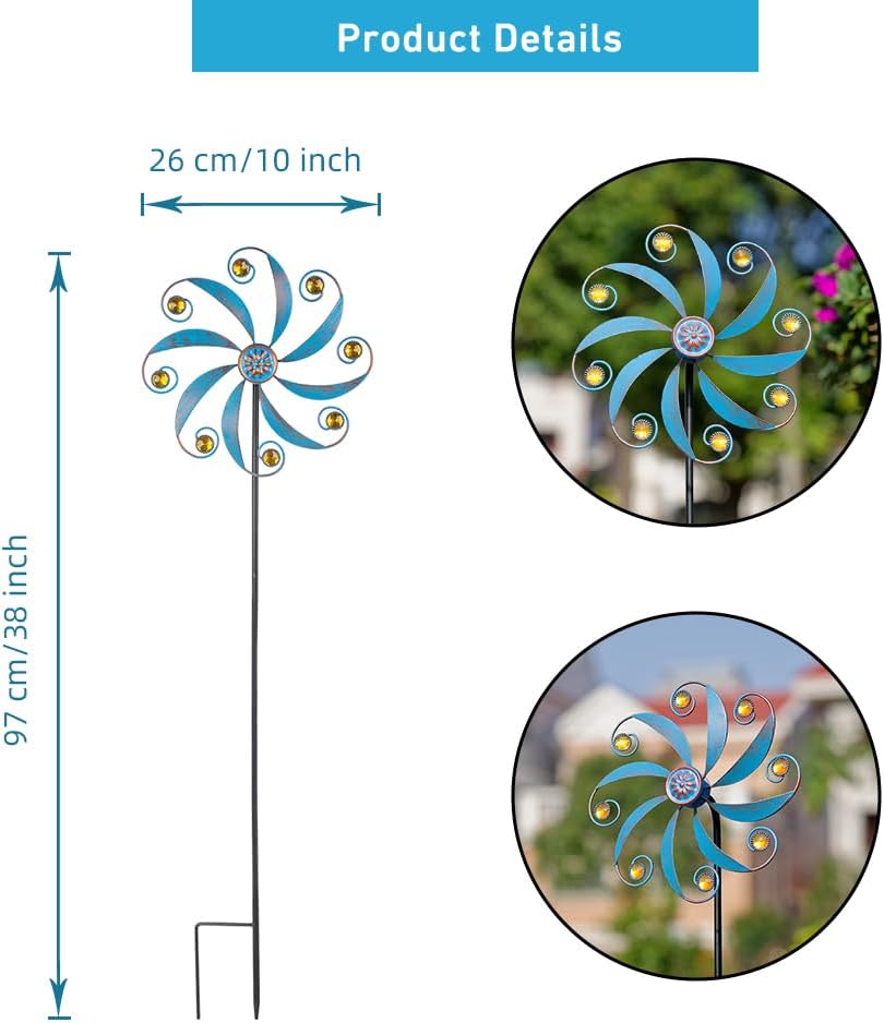 Stargarden 2Pack Wind Spinner, Metal Outdoor Wind Sculptures & Spinners, Small Garden Pinwheels for Yard and Garden Decor(Blue)