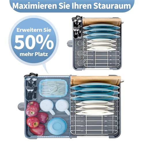 KINGRACK Dish Drainer Rack - Extendable Dish Rack, Stainless Steel Dish Drainer for Kitchen Counter, Draining Board Rack with Removable Cutlery Holder, Gray - Image 3