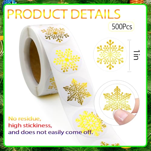 Image of 500Pcs Christmas Stickers Roll for Cards 6 Designs Gold Foil Snowflake Stickers Clear Xmas Winter Holiday Round Adhesive Label Stickers Decal for Xmas Envelopes Invitations Cards Gifts Decor