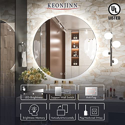 Keonjinn Round Led Mirror 32 Inch Ul Listed Backlit Mirror Bathroom Vanity Mirror With Lights Anti-Fog Circle Lighted Mirror Large Round Bathroom Mirror Wall Mounted Dimmable Illuminated Mirror Cri90+ #TOP7