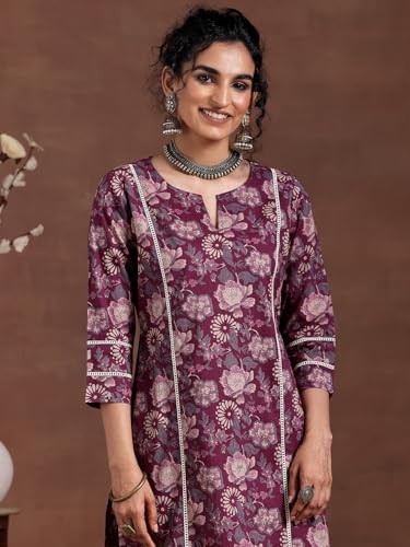 Image of Libas Burgundy Printed Cotton Blend Straight Kurta set for Women | daily wear suit