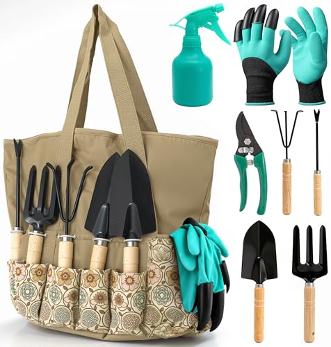 Image of Scuddles Garden Tool Bag with 9 Piece Stainless Steel Gardening Kit | Includes Rust-Resistant Blades, Wooden Handles, Fingertip Claw Gloves & Reinforced Garden Bags | Landscaping and Planting Gift