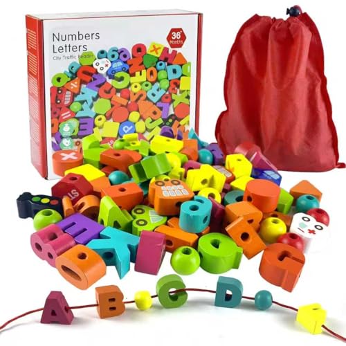 Generisch Jouets de Filetage en Bois,75pcs Perles à EnfilerMontessori,Jeu D'enfilage de Perles Jouet pour d'apprentissage Educatifs pour Garçons Filles