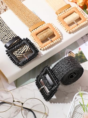 Image of WILLBOND 4 Pcs Women's Elastic Raffia Woven Belt, Boho Rattan Buckle Stretch Straw Wide Waist Belt for Dresses Jeans Pants