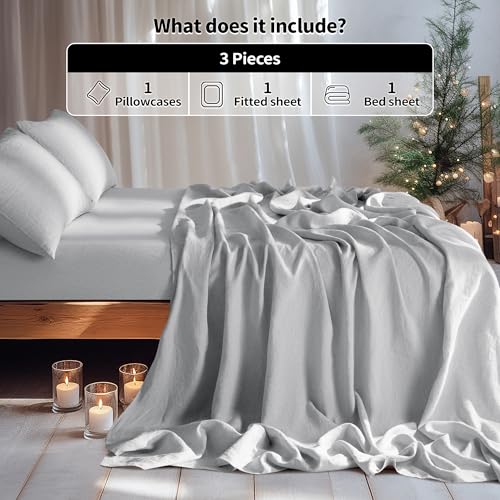 Image of LBRO2M 100% French Pure Linen Sheet Set 3Pcs, 16 inch Deep Pocket Twin XL