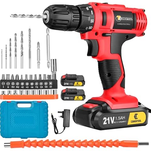 Conentool 21V Cordless Drill Driver Set, Electric Screwdriver with 2X 1500mAh Batteries, 42 N.m Max Combi Drill, 18+1 Torque Power Drills, Cordless Screwdriver with 30PCS Drill Bits Cover