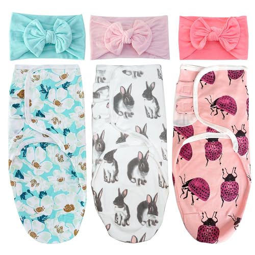 Image of EZ Moms 3 Pack Baby Swaddle Sack 100% Cotton Soft Velcro Swaddle 3-6 Months Adjustable Easy Baby Girl Swaddles Blanket Cute Comfortable Preemie Swaddles Newborn Sleep Sack with 3pcs Headbands