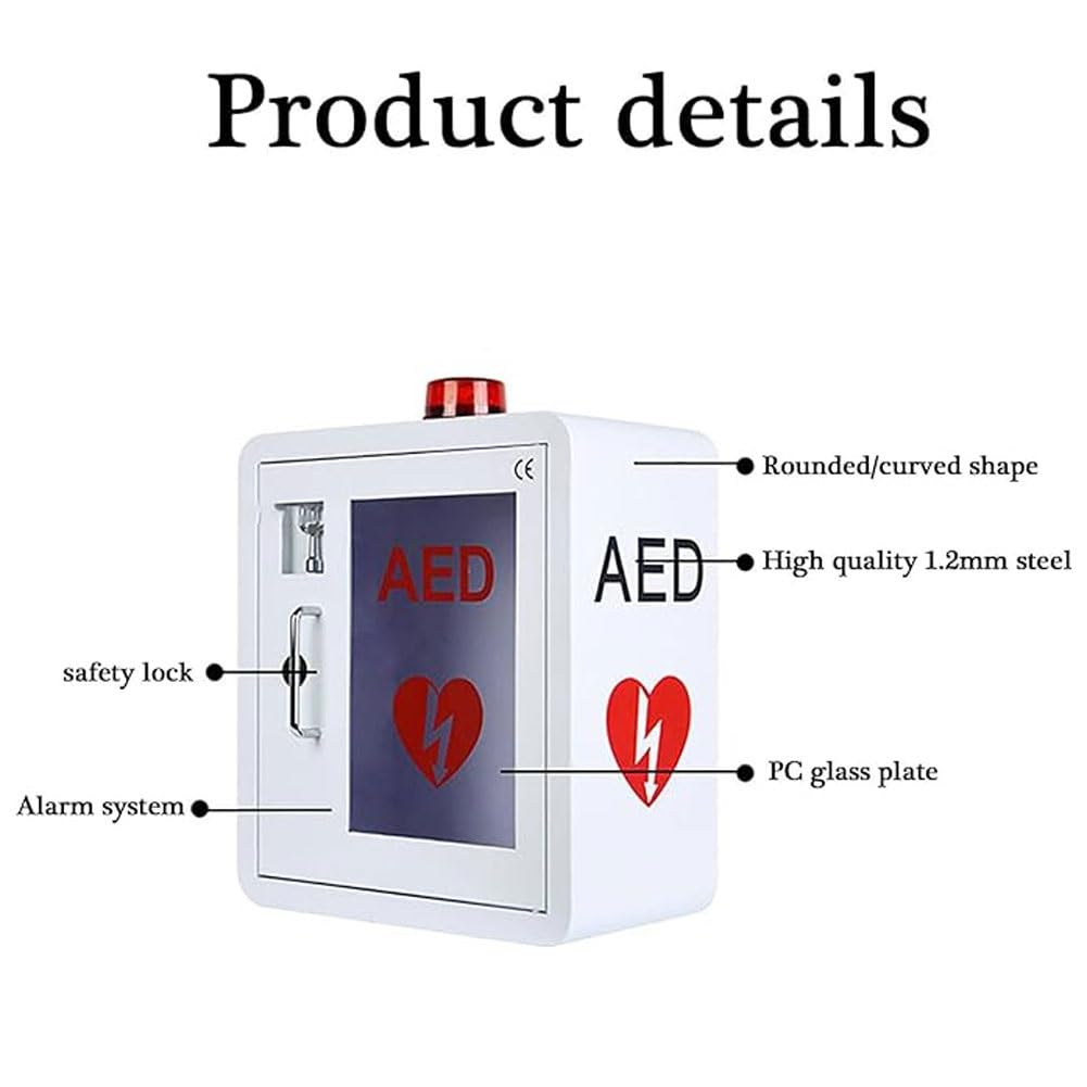Armoire de rangement for défibrillateur AED, boîte de premiers secours murale for défibrillateur AED avec clé et alarme, conception à coins arrondis, boîtier en plaque métallique en acier, for urgence