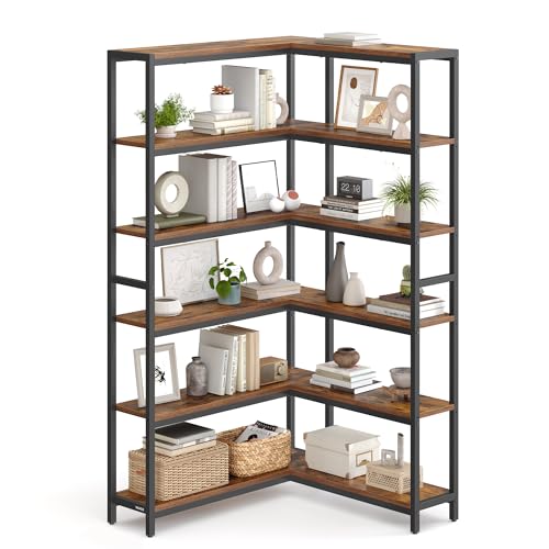 Image of VASAGLE 6 Tier Bookshelf with Metal Frame, Convertible Industrial Corner Shelf, 9.4 x 52.8 x 69 Inches, for Living Room, Bedroom, Home Office, Rustic Brown and Ink Black ULLS806K01