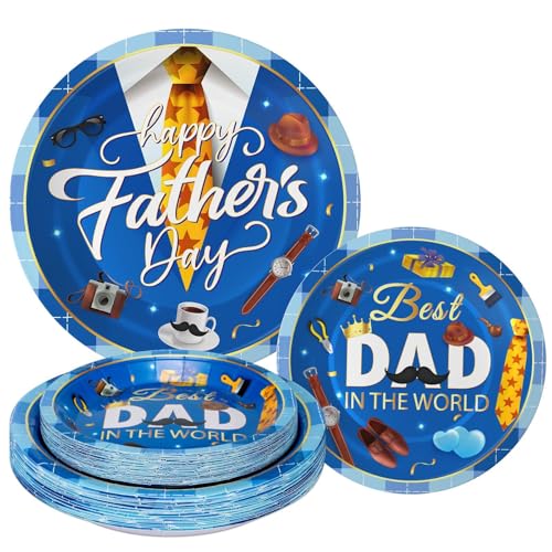 24 Pcs Happy Fathers Day Plates Set - Blue Best Dad Paper Plate Disposable Happy Fathers Day Round Dinner Dessert Plates Tableware for Grandpa Father Days Party Supplies Favors Table Decorations