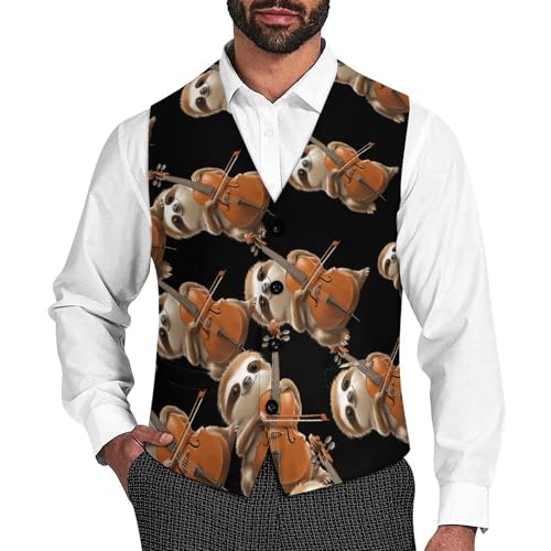 Sloth Cello Player Men's Suit Vests Business Formal Dress Vest V-Neck Waistcoat for Wedding Casual